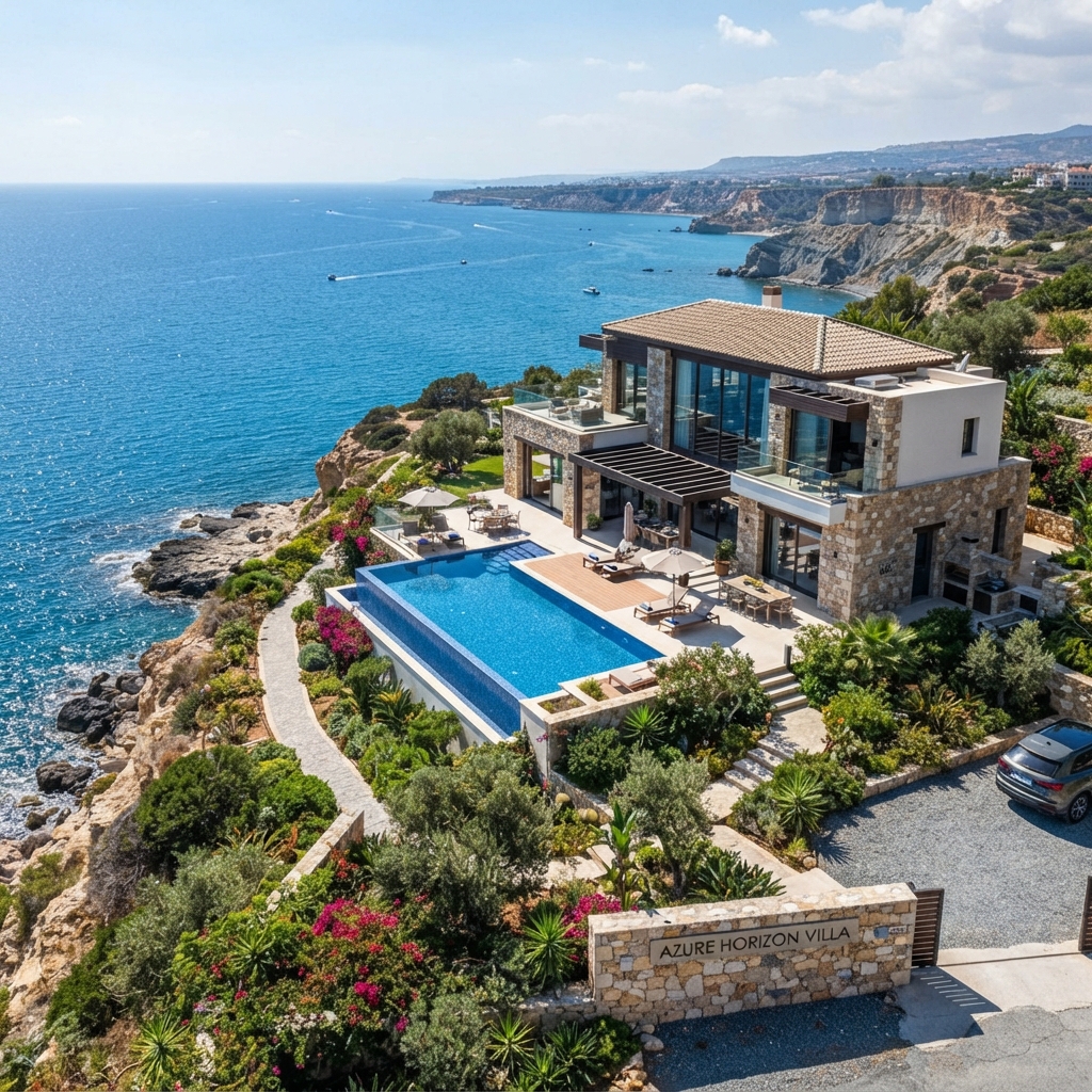 Villa exterior with blue pool
